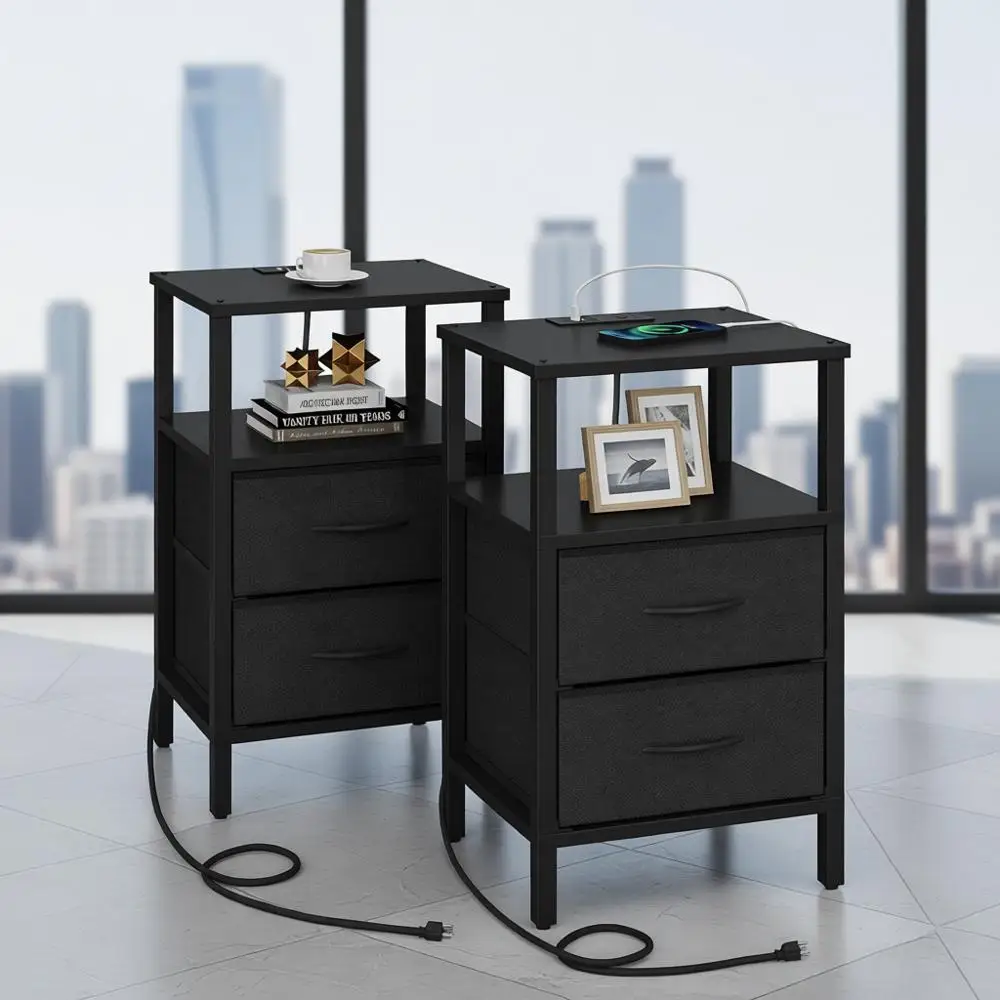 

End Table with Charging Station, Side Table with 1 USB & 1 USB- C type Port and Outlets, Nightstand with Cloth Drawer, Set of 2,