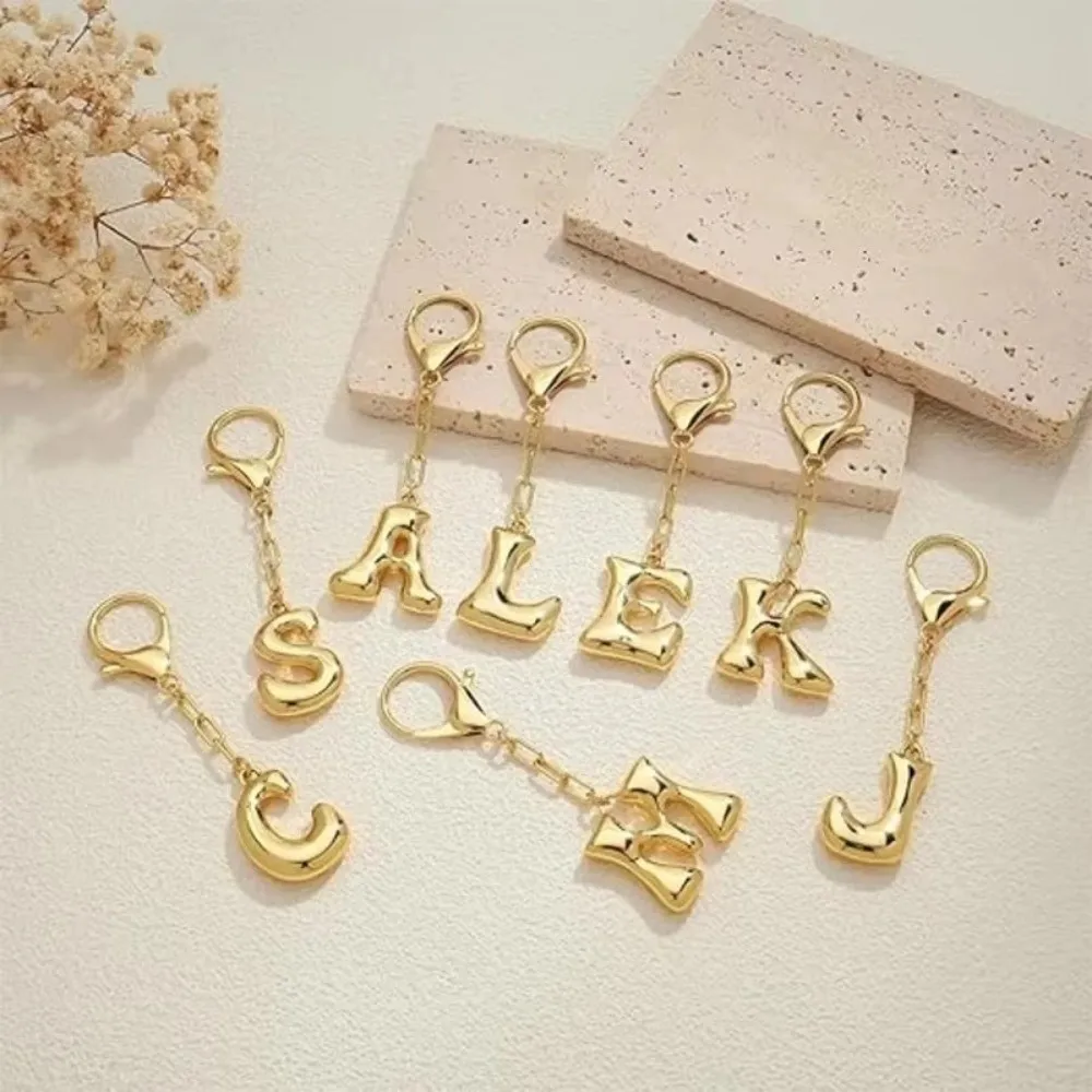 Gold Color 26 Letters Key Chains Bubble Letter Metal Capital Letter Key Chains Lobster Buckle English Letters Pendant Handbag