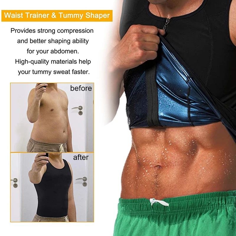 Mens Polymer Sauna Vest Sweat Body Shaper Slimming Compression Tank Top with Zipper Workout Shirt Heat Trapping Suit