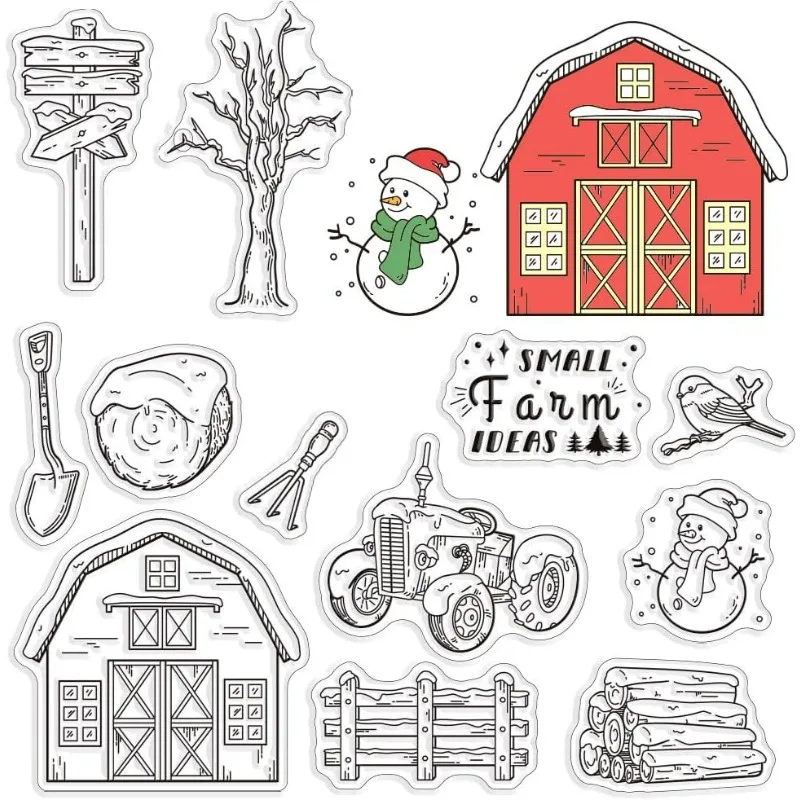 Farm Clear Rubber Stamps Christmas Snowman Signpost Haystack Tractor Tree Fence Birdie Word Transparent Vintage Postmark