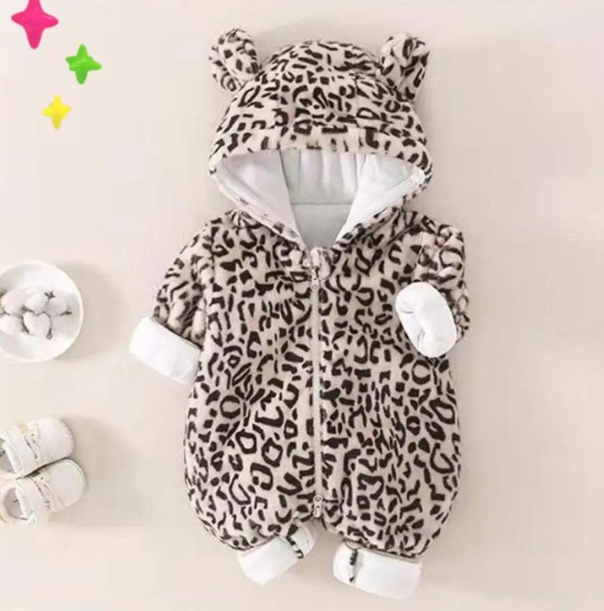 Infant Girls Leopard Print Romper Hooded Long Sleeved Plush Jumpsuit Boys Winter Warm Bodysuit Clothes Newborn Outwear