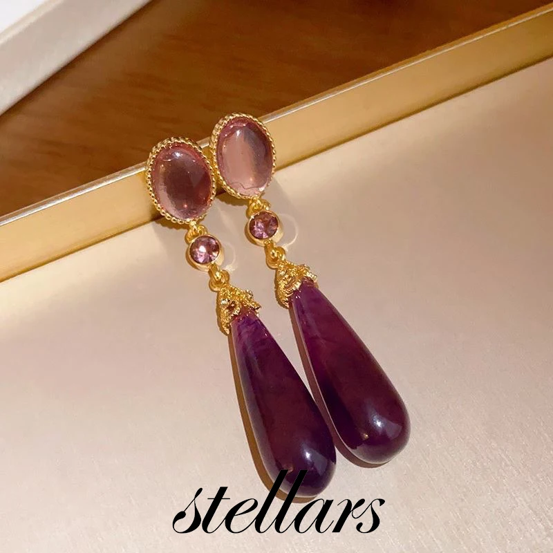 

Purple Teardrop Earrings with Embedded Diamonds High-End Lightweight Luxury Silver Stud Earrings Vintage Palace-Style Accessory