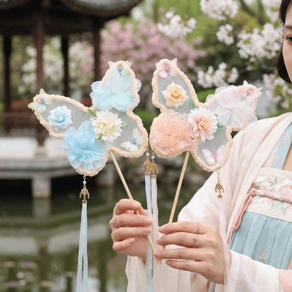 Handmade Butterfly Handheld Fan Decorative Long Handled Ancient Flower Fan with Tassel Dance Fan Artistic Performance