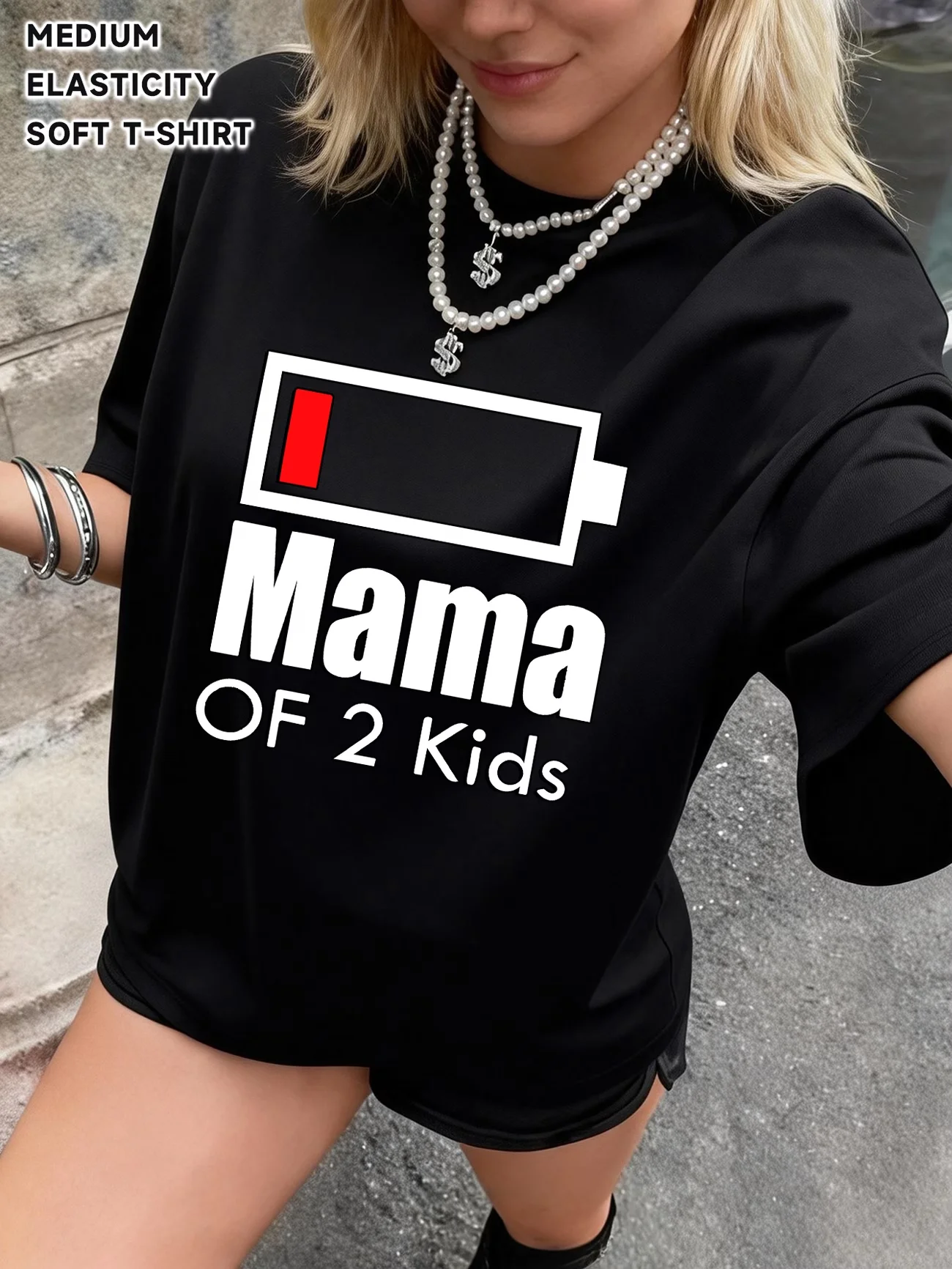Funny Mama of 2 Kids Printed T-Shirt Women Summer Short Sleeve Crew Neck Tee Tired Mom Life Graphic Fashion Top