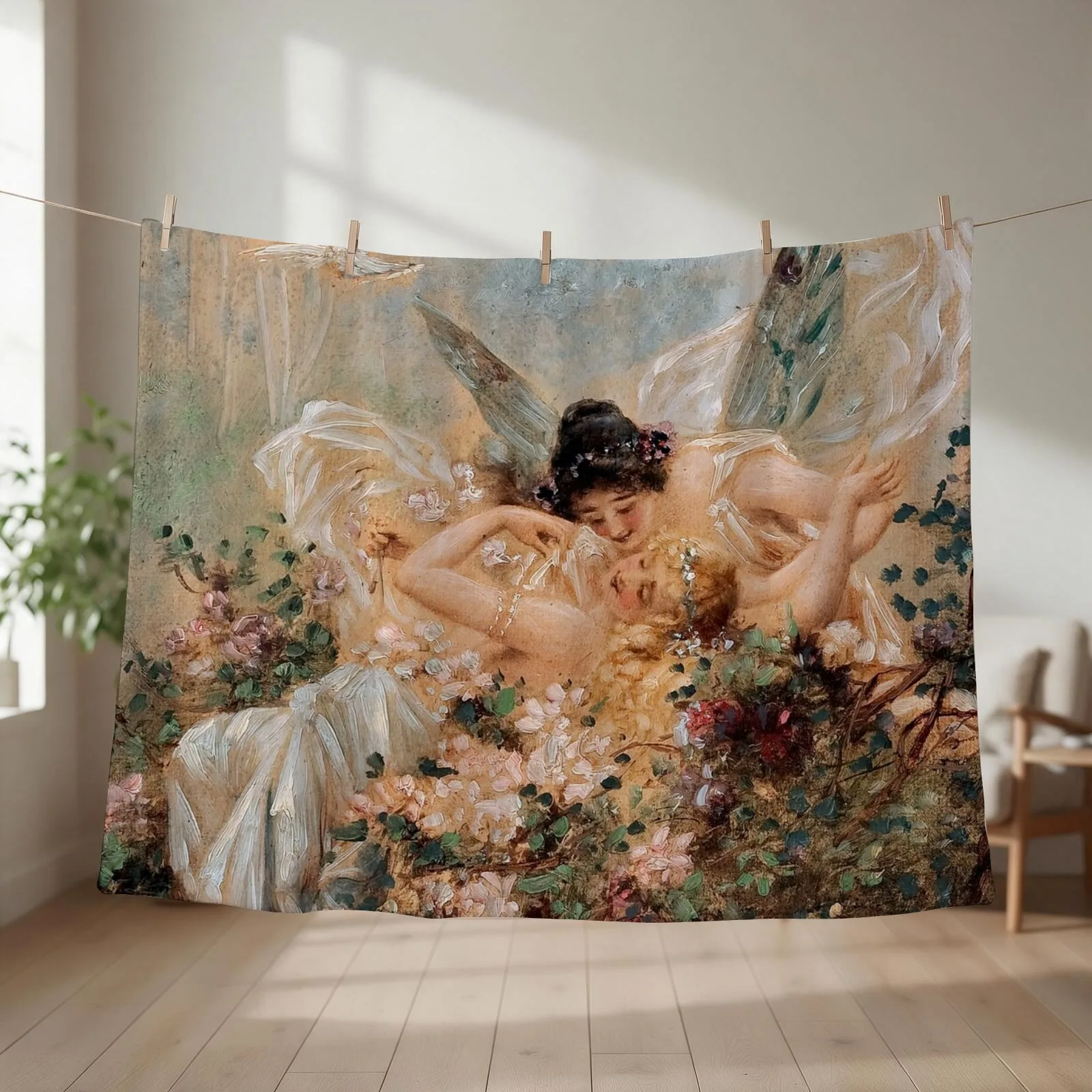 Two Fairies Embracing in a Landscape with a Swan by Hans Zatzka Throw Blanket couch cozy soft plush fuzzy picnic outdoor blanket