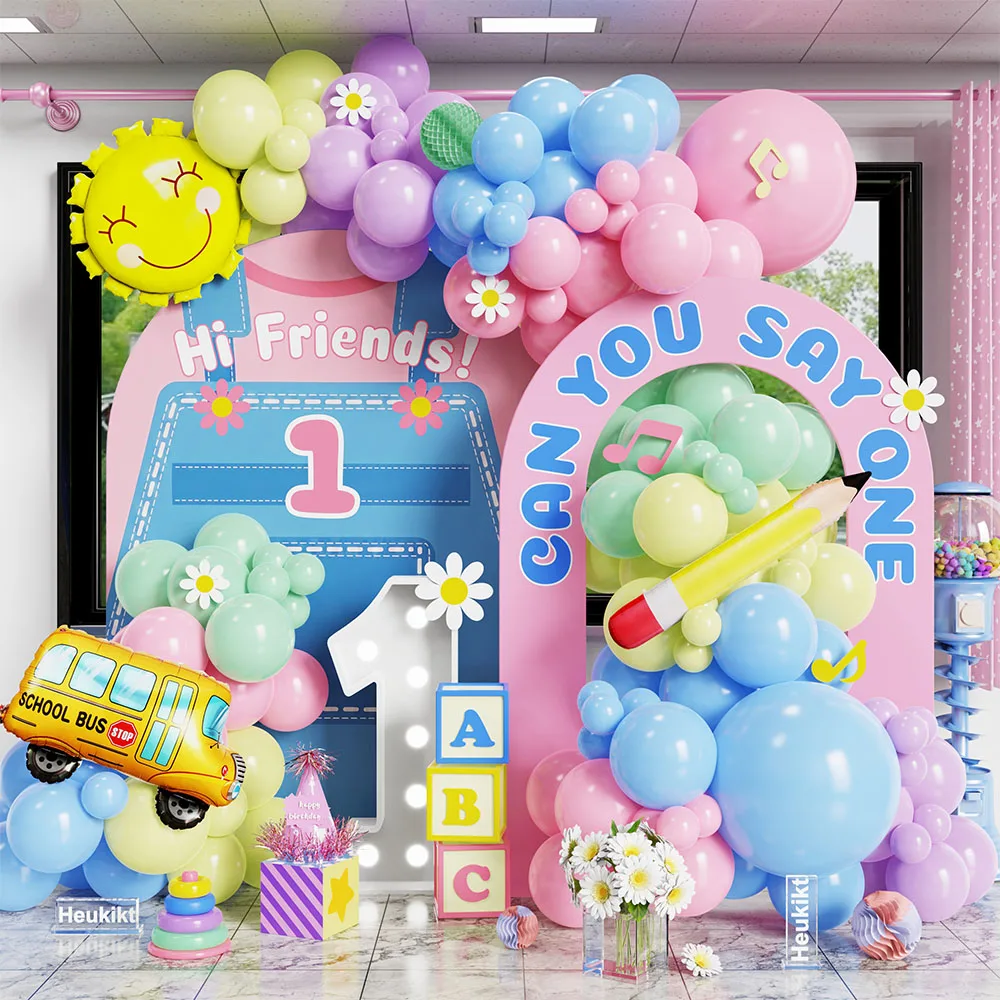 

Can You Say One Balloon Arch Kit Pastel Blue Pink Green Balloons School Bus Pencil Foil Ballon Back To School 1st Birthday Decor