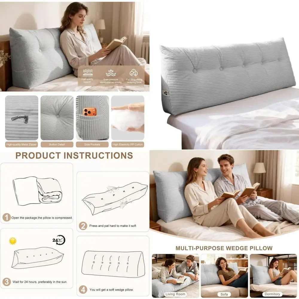 

Queen Size Triangular Wedge Pillow for Headboards, Removable Velvet Cover, Ideal for Daybeds and Bunk Beds