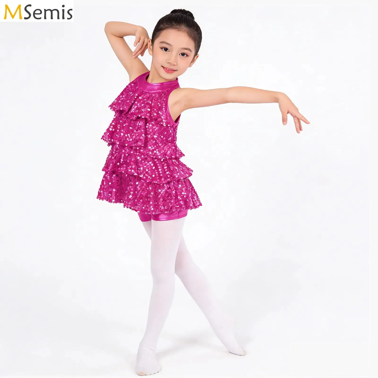 

Toddler Girls Sparkling Sequins Ballet Dance Shorty Unitards Dress Kids Gymnastics Artistic Skating Jazz Performance Costume