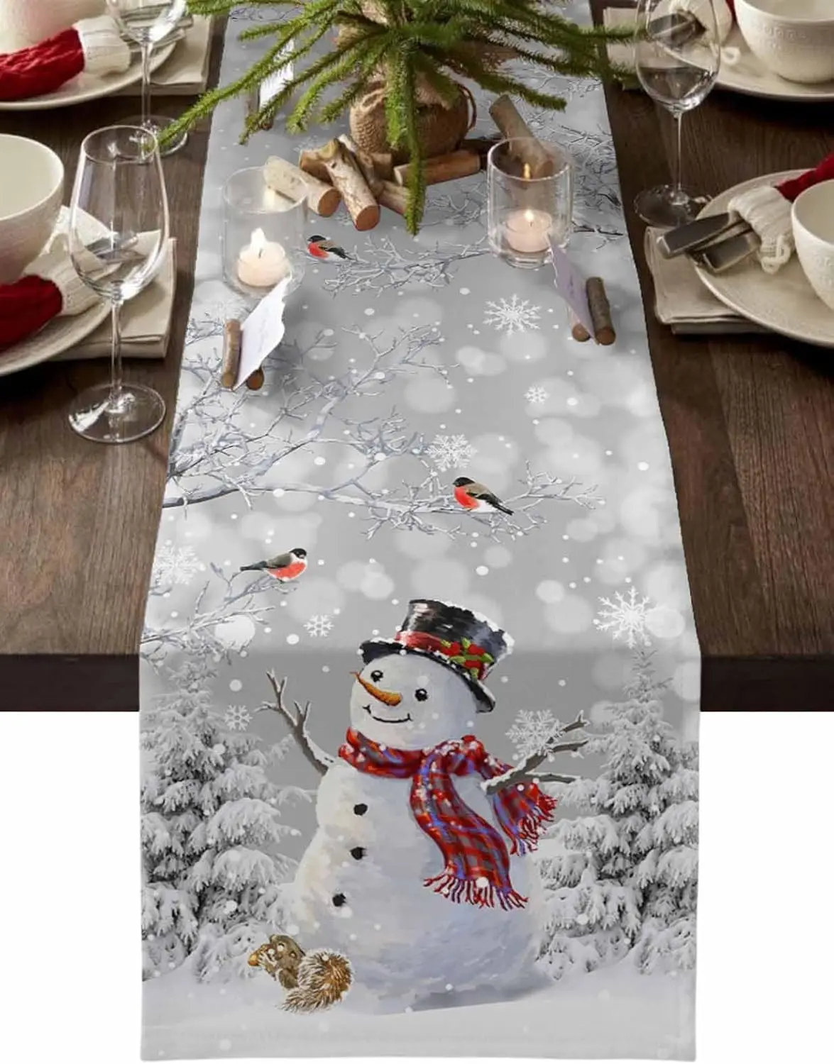 Winter Snow Scene Christmas Snowman Linen Table Runner Dresser Scarves Xmas Tree Pine Kitchen Table Runner Christmas Decorations