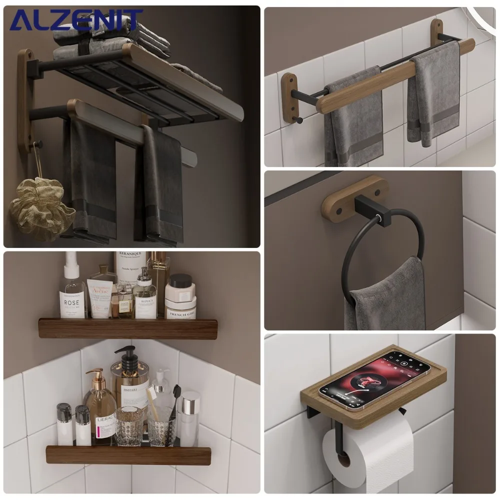 

Легкая роскошная вешалка для полотенец из цельного дерева, черный держатель для хранения в ванной комнате, настенная полка для туалетных полотенец, аксессуары для фурнитуры из орехового дерева