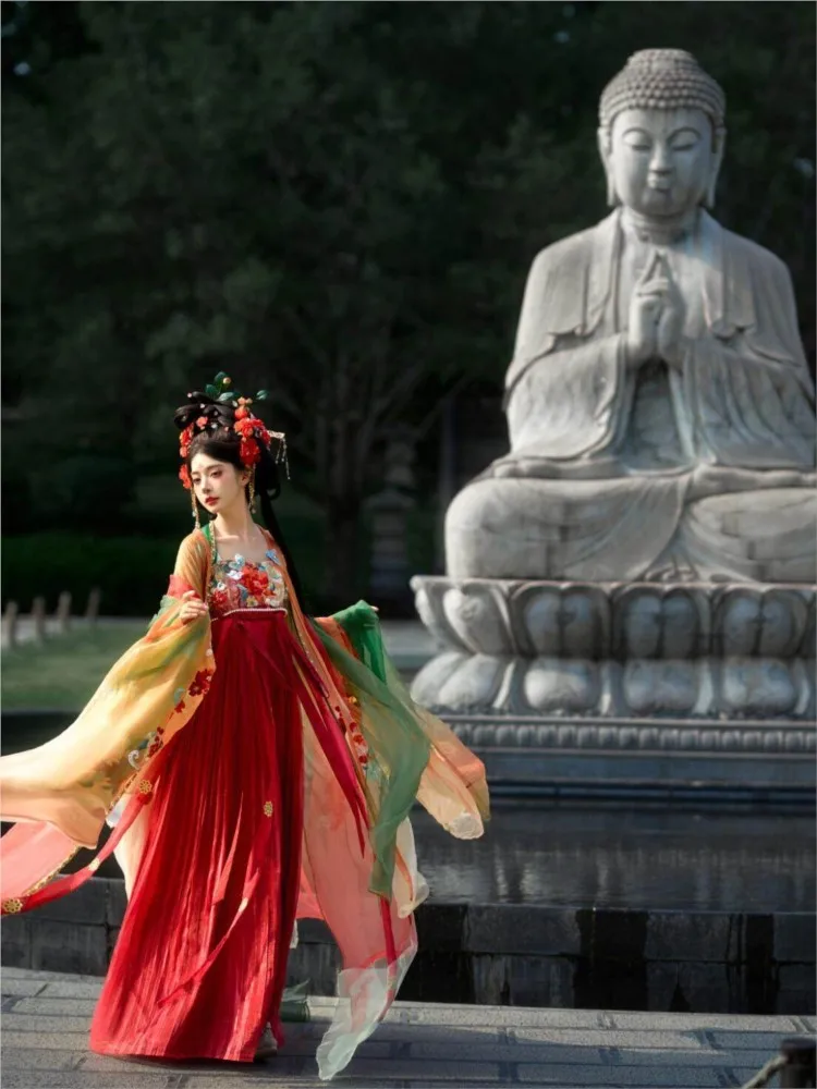 Hanfu women's embroidered large-sleeved shirt one-piece chest-length blouse and skirt traditional Chinese style red green suit