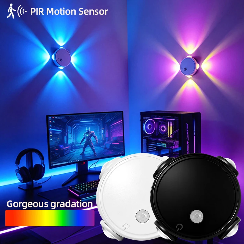 Rechargeable Magnetic Night Light with Smart RGB Gradient Colors & Motion Sensor, Wireless Stick-on Wall Lamp for Bedroom, Close