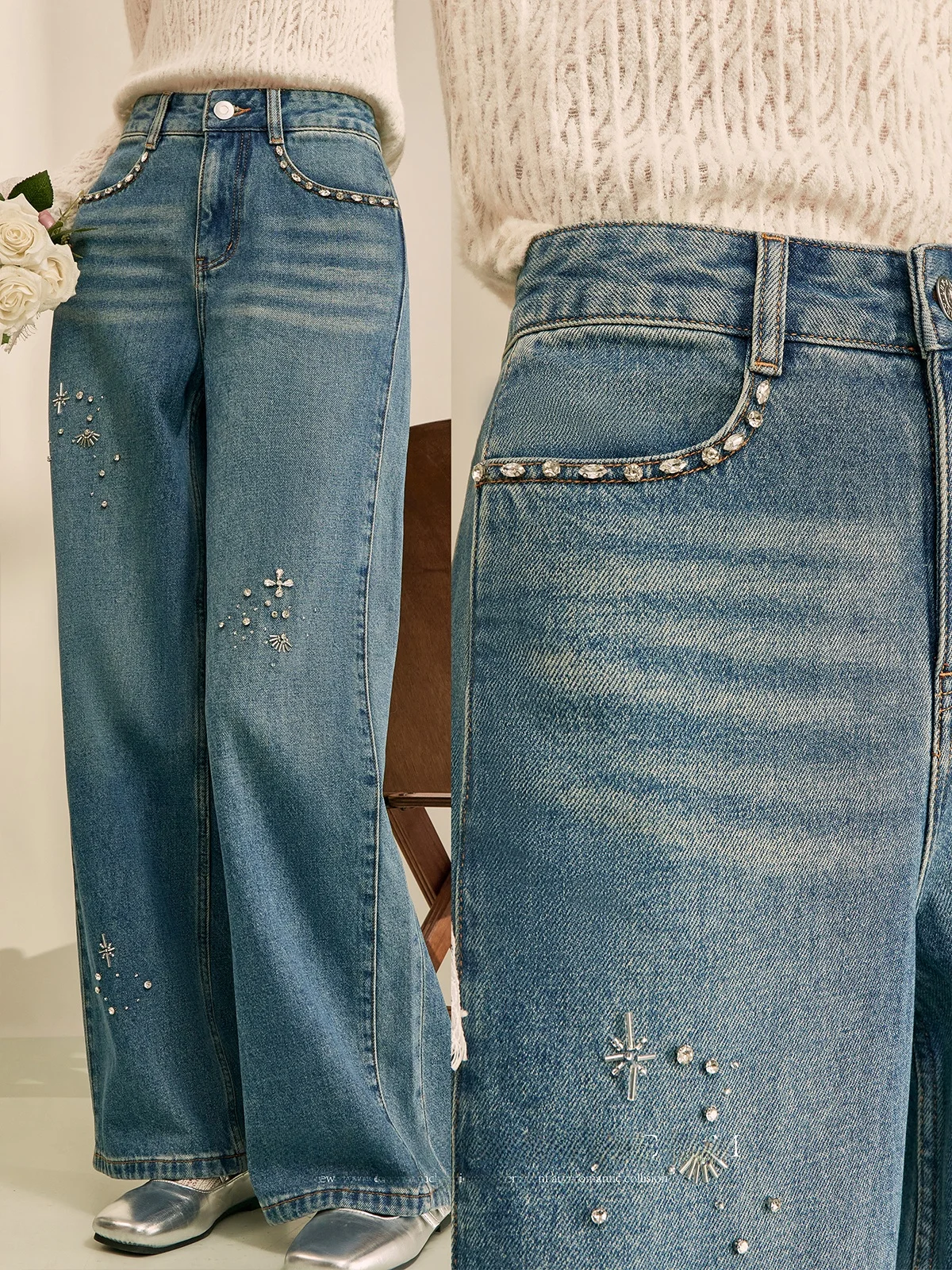 

Женские прямые джинсы с высокой талией, повседневные синие, с завышенной талией, с тяжелыми украшениями, модный универсальный дизайн, уникальный модный джинс