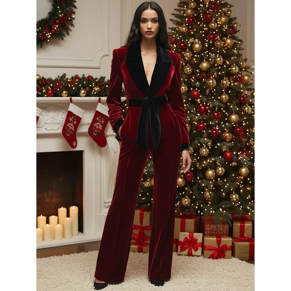 

Women’s Velvet Blazer and Pants Set | Elegant Burgundy Suit with Velvet Belt for Formal and Festive Occasions
