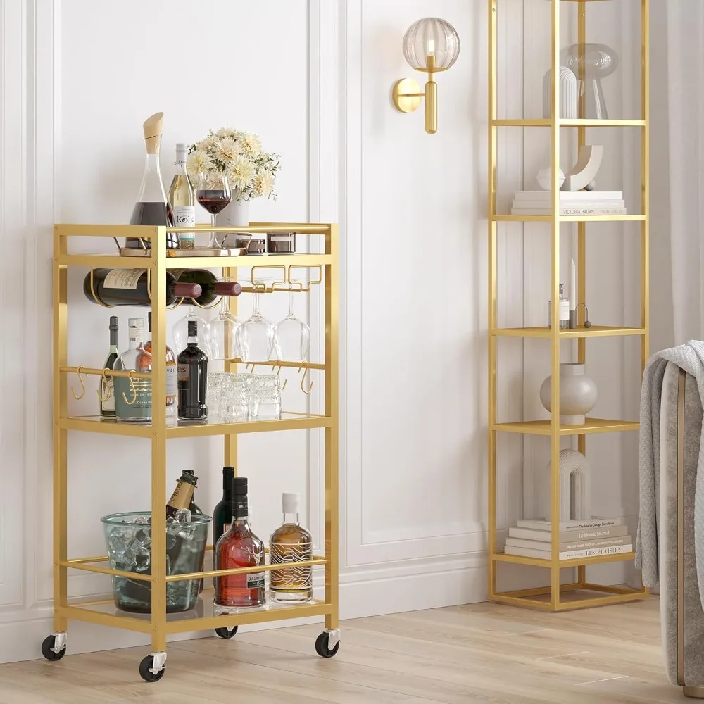 

Bar Cart, Home Bar Serving Cart with 3-Tier Mirrored Shelf, Drink Cart, Mobile Kitchen Shelf with Wine Rack, Gold