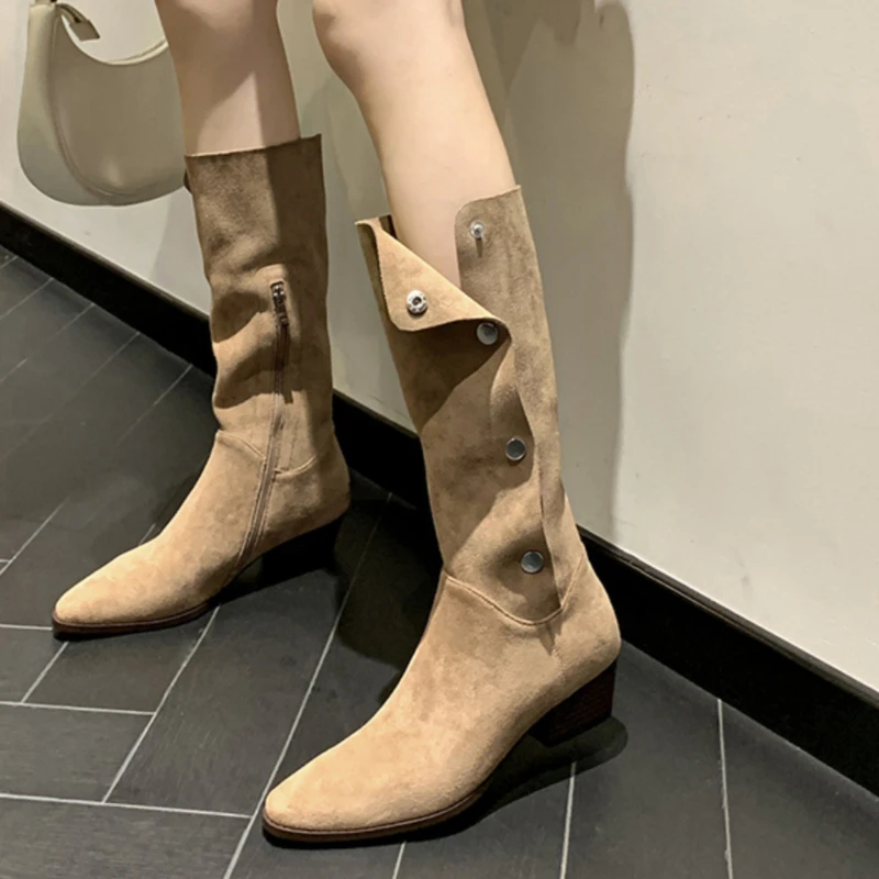 Western Cowgirl Boots Women 2025 Mid Calf Stacked Boots Chunky Heel Fashion Riding Boots