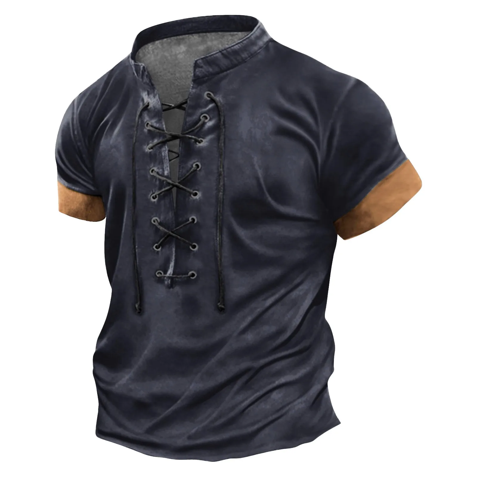 Summer Short Sleeve T Shirts Men's Casual Bandage Lace Up Blouse Retro V Neck Fashion Loose Shirt Male Solid Color Clothes