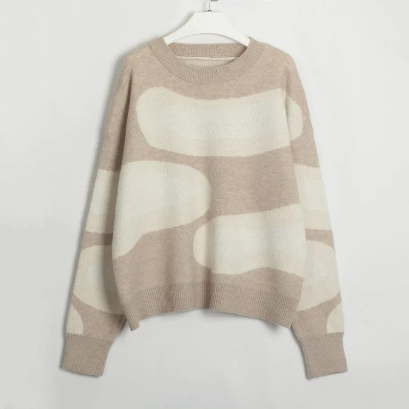 Mode Colorblock Gebreide Trui Vrouw Herfst Winter Warme Trui O-hals Casual Losse Pullover Knitwears Koreaanse Stijl