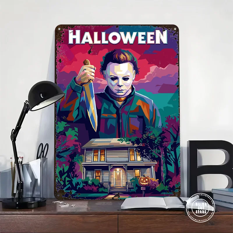 Halloween Michael Myers 3D Printed Texture Poster Personalized Wall Art Retro Metal Tin Signs for House Decor Room Man Cave Home