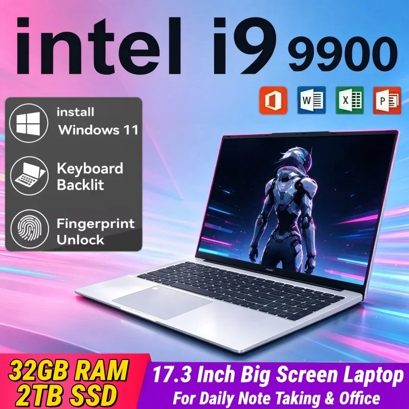 Budget Friendly 17.3 Inch HD Notebook Intel I9-9900 32GB RAM 2TB SSD Windows 11 Fingerprint Unlock Daily Computer