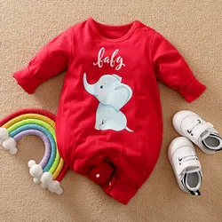 Spring And Autumn Boys And Girls Cute Cartoon Elephant Print Cotton Comfortable Long Sleeve Baby Bodysuit