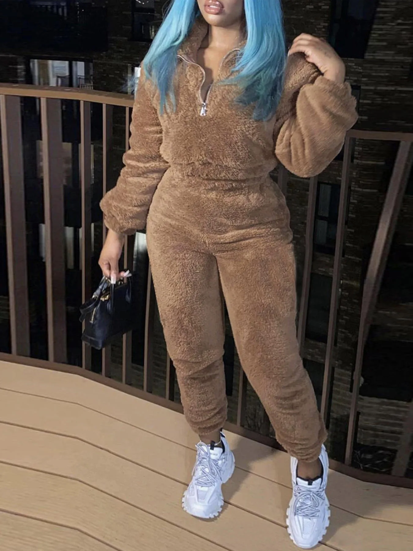 Women Two Pieces Pant Sets Fuzzy Solid Matching Set Long Sleeves Coat Elastic Waist Straight Pants Slim Fit Casual 2026 Autumn