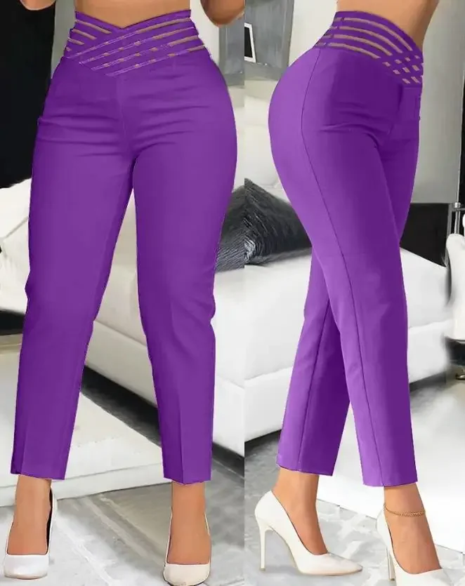 Pantaloni da lavoro scavati in vita sovrapposta alla moda da donna 2024 Primavera nuovi pantaloni lunghi da donna eleganti con volant in rete