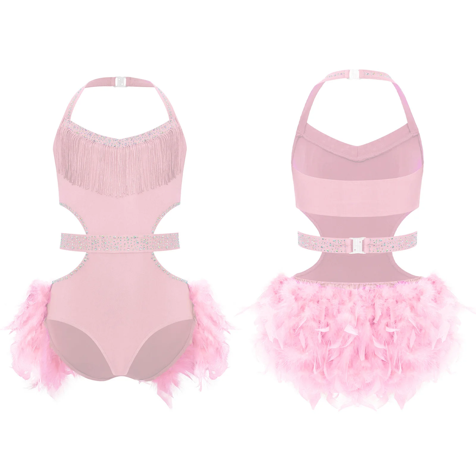 Kids Girls Feather Skirted Leotards Latin Jazz Rumba Samba Dress Dance Figure Skating Gymnastics Costume Halter Bodice Dancewear