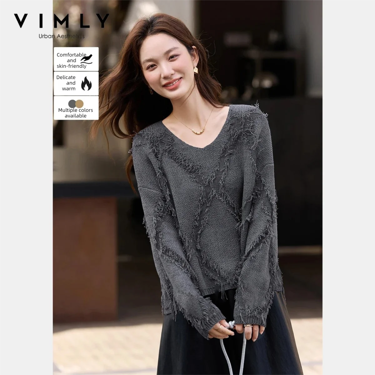 VIMLY-suéter de ambiente Retro para mujer, jerséis de cuello redondo con flecos de rombos, prendas de punto versátiles a la moda, otoño 2025 30350