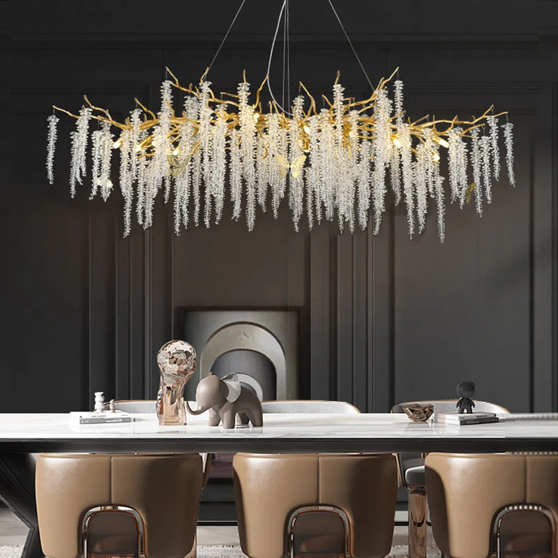 Light luxury restaurant chandelier crystal lamp long strip art creative branch living room American dining room lamp crystal