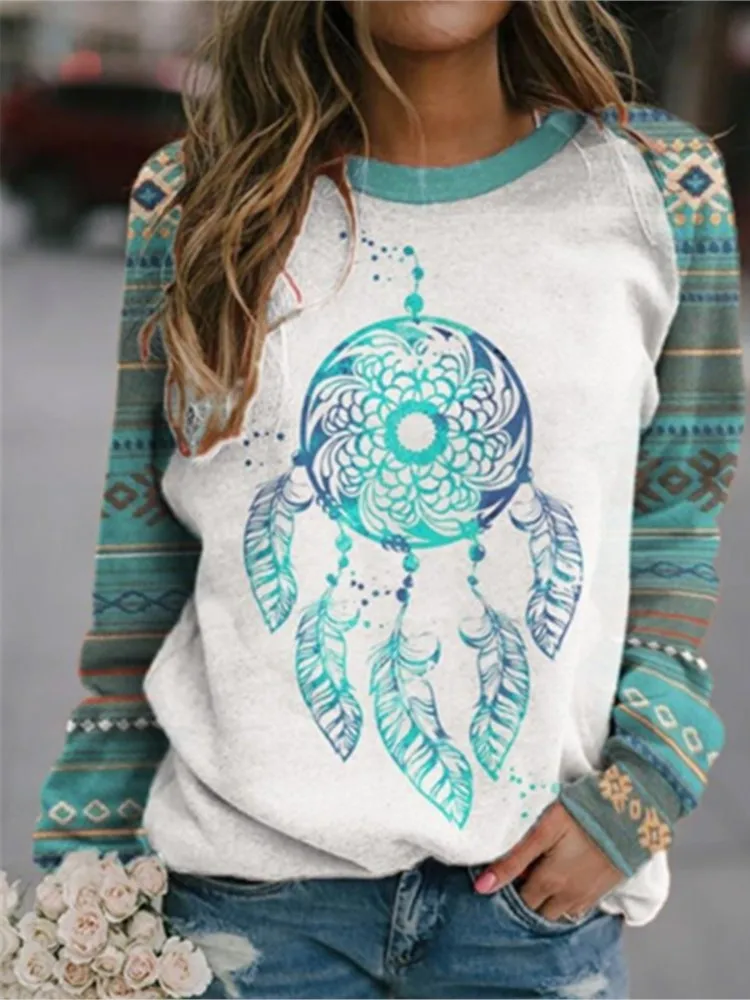 

New Autumn Winter Retro Geometric Print Loose Hoodie Women's Fashion Casual Round Neck Long Sleeve Pullover Hoodies Tops