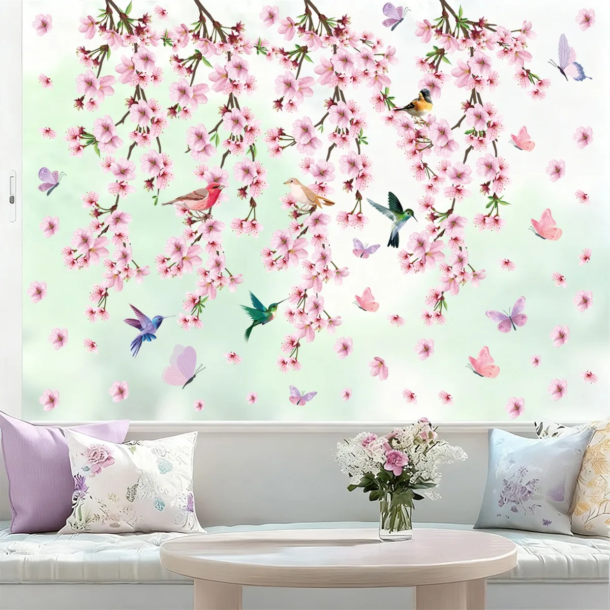 Spring Cherry Blossom Stickers Static Cling Window Decals Branch Bird Dance Shop Store Glass Decoration