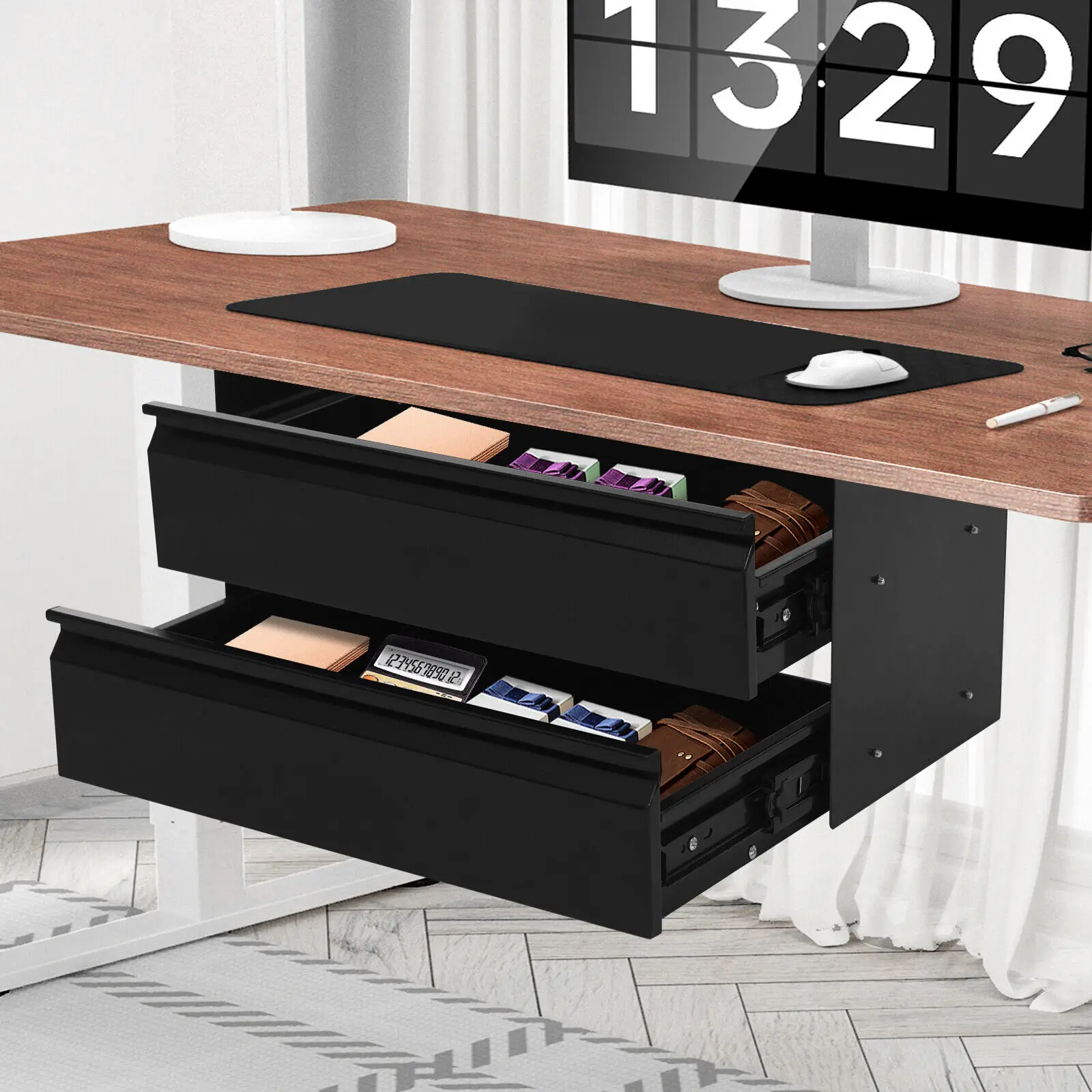 

Drawer-Type Under-Table Storage Cabinet Under Desk Pull-Out Drawer 2-Tier Sliding Storage Drawer Multifunctional Steel Organizer