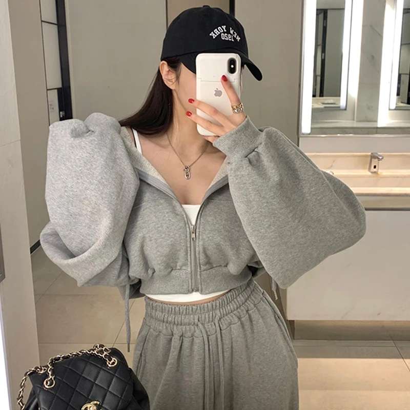 Neploe 2024 Autumn Simple Style Suits Hooded Long Sleeve Short Sweatshirts High Waist Lace up Versatile Wide Leg Casual Pants