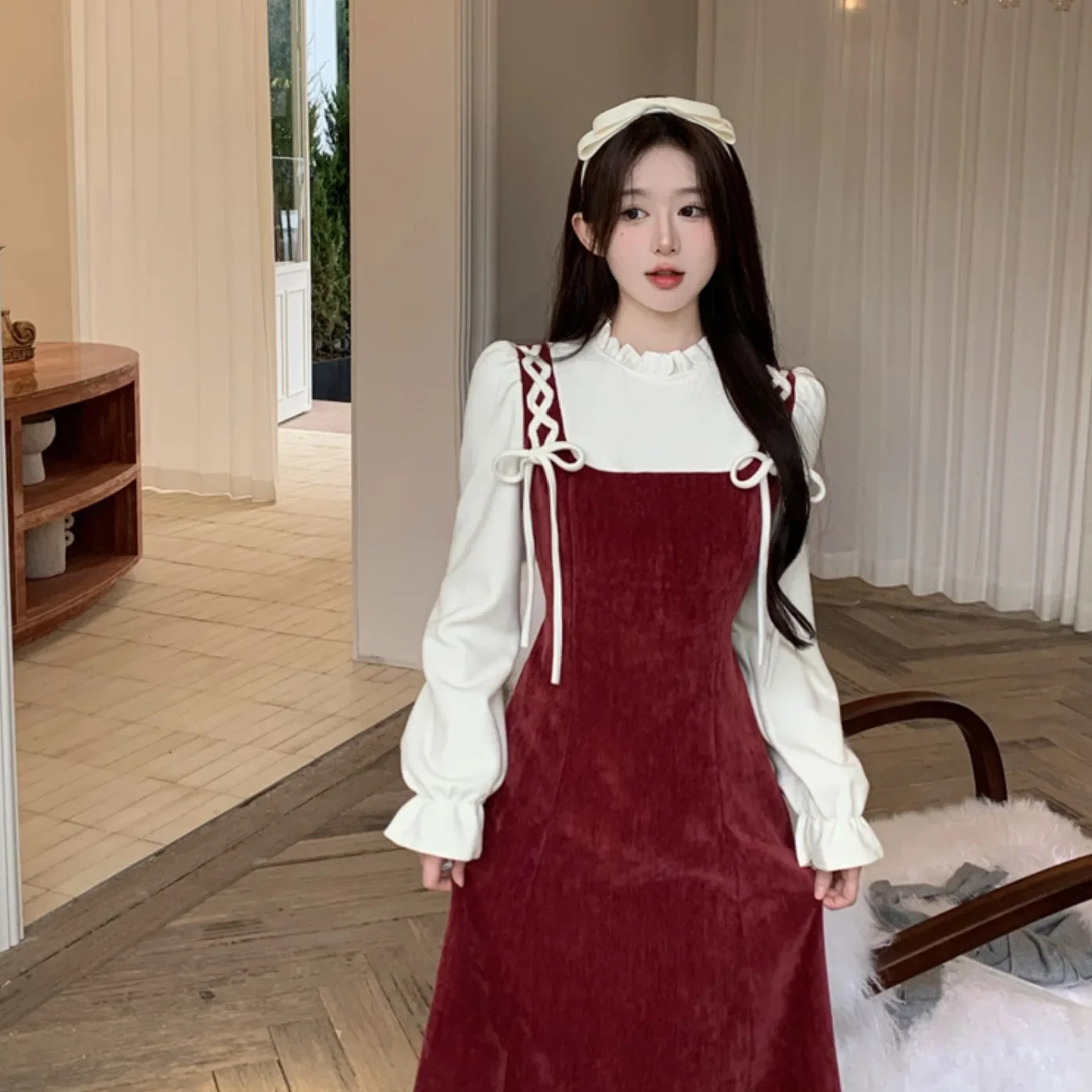 Losse midi-jurk met lange mouwen Nieuwjaar Student-stijl Dopamine Illusie Tweedelige jurk met strikknoop Polyestervezeljurk