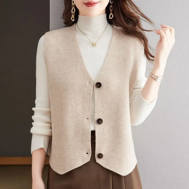 Knitted Women Sweater Vest Solid Jumpers Single Breasted V Neck Slight Strech Loose Fit Casual Office Lady 2025 Autumn Winter - Image 3