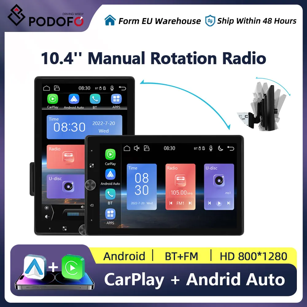 Podofo 10.4'' MP5 Car Radio With Manual Rotating Screen Multimedia Player Wired Carplay AndroidAuto AUX Car Audio Equipment