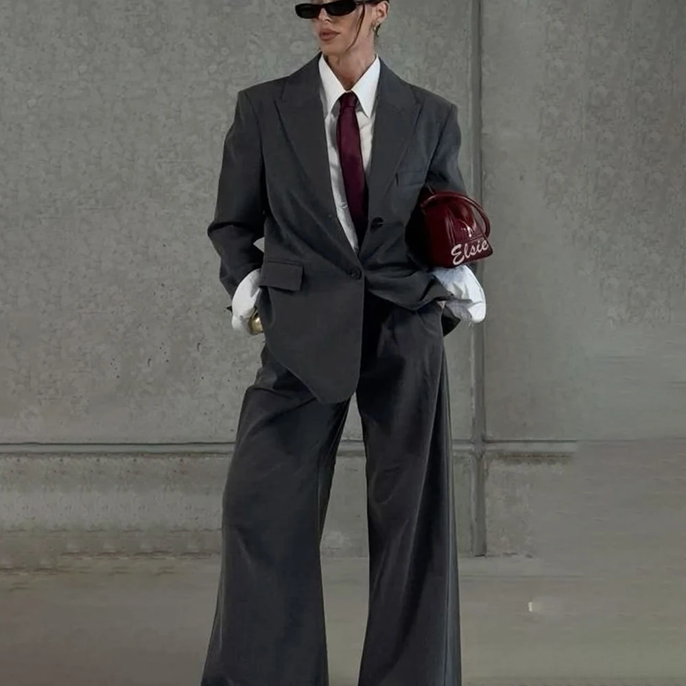 Powerful Women Dark Gray 2 Piece Suit Single Breasted Jacket+Pants Office Business Sophisticated Set Formal Evening Party Outfit