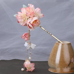 Vintage Silk Flower Hair Stick Headband Fringed Hairpin Chinese Style Hair Accessories Floral Headpiece for Women Hanfu Dress