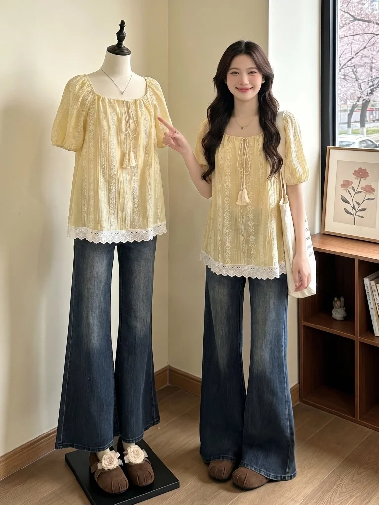 

Bohemian Style Yellow Short Sleeve Women's Shirt Summer New plus Size Doll Top Korean Version Loose Fit Commute Style