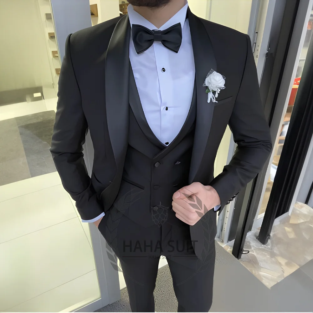 Men's Suit Tailored Tuxed 3-Piece Glossy  Wedding Suit Full Set