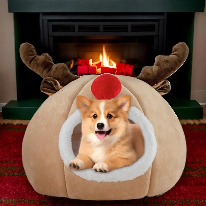 Christmas Reindeer Dog Nest With Soft Cushion Semi-Enclosed Cat House Bed Winter Warm Pet Cave Supplies For Puppy And Dogs