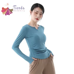 Women Dance Top Sexy Slim Tee Shirt Thumb Finger Hole Long Sleeve Body Rhyme Modern Dancer Practice Sweater Round Collar New