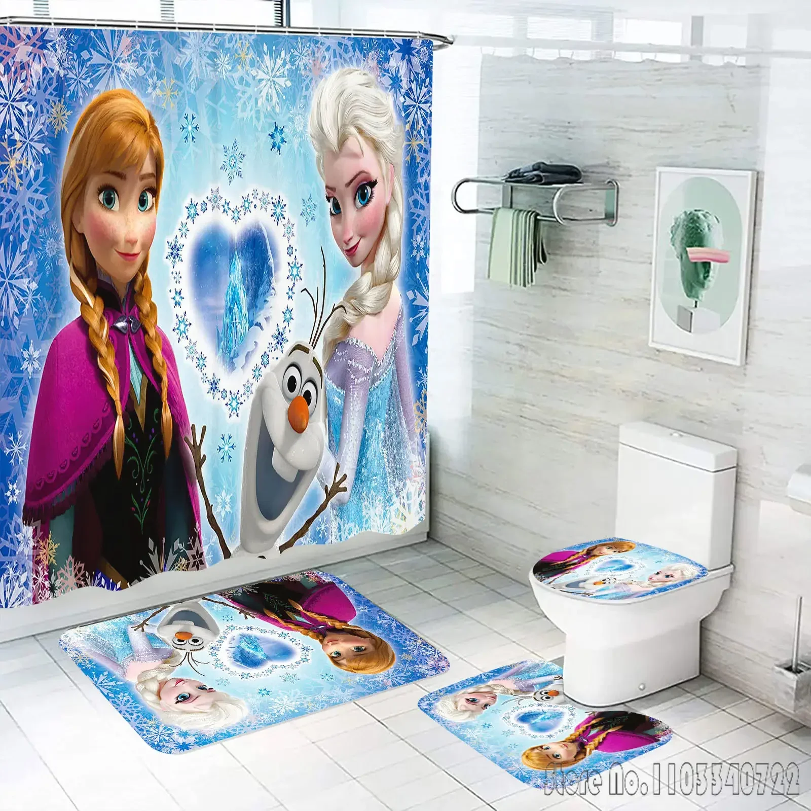 Disney Elsa Frozen Princess Bath Shower Curtain Set 4pcs with Hooks Waterproof Bathroom Toilet Mat Lid Decor