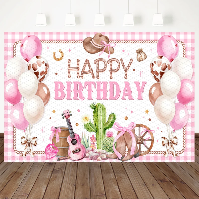 Mocsicka Happy Birthday Backdrop Pink Western Cowgirl Photography Background Rodeo Party Decors Photo Booth Studio Props Banner
