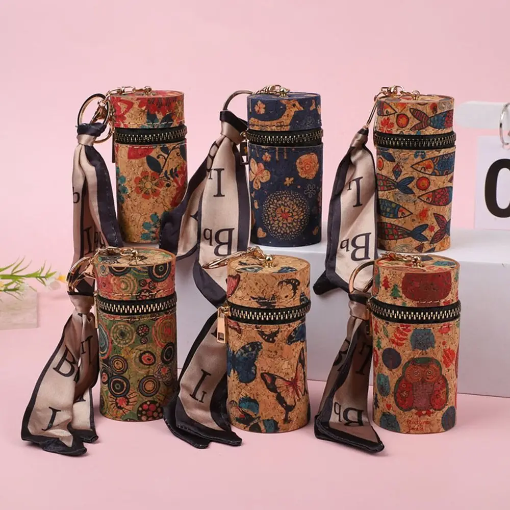 

Retro PU Mini Lipstick Bag Cylindrical Cartoon Printed Bag Pendant Wood Grain Bucket Bag Portable Key Coin Purse for Woman Girls