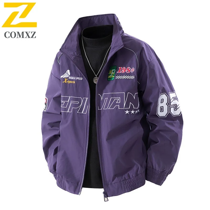 

COMXZ 2025 Spring Autumn Letter Embroidery Workwear Jacket Mens Loose Fit Plus Size Coat