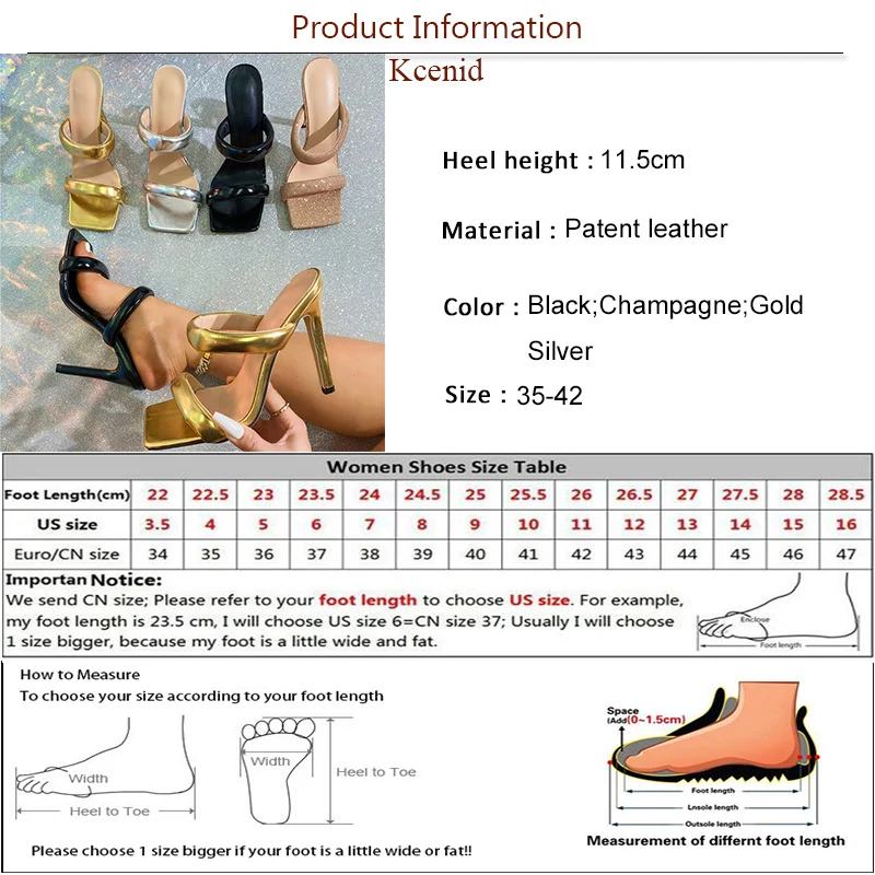 Kcenid Women's Pointed Toe High Heels Gold/Silver Narrow Band Slippers Summer Cozy Party Banquet Ladies Sandalias Plus Size 42