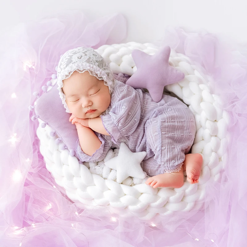 newborn-photography-props-purple-lace-romper-with-bonnet-hat-white-knitted-nest-prop-baby-girl-studio-photoshoot-jumpsuit-outfit
