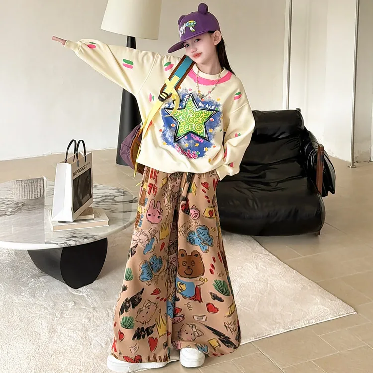 

spring teen girls cartoon graffiti wide-leg pants casual sweatshirt junior kid leisure clothes outfits Street dance hip-hop jazz